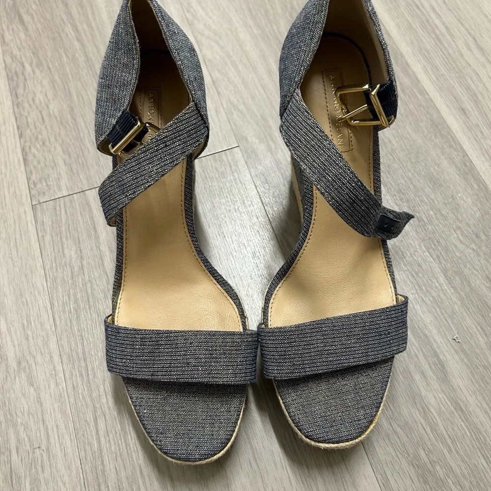 ANTONIO MELANI Lauralyn Navy Blue And Gold Wedge Sandals, Size 9M